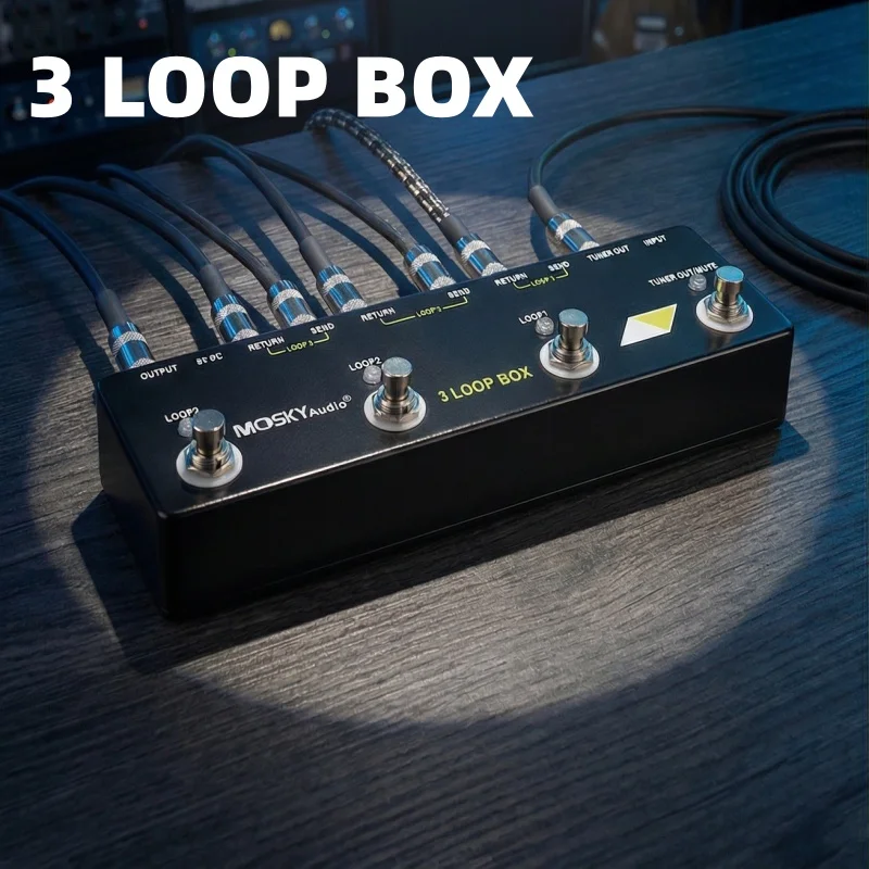 Moskyaudio 3 Loop Box, Pedal Conmutador de Efectos para Guitarra, Selector de Canales True Bypass con Función de Afinador/Silenciador para Guitarra/Bajo