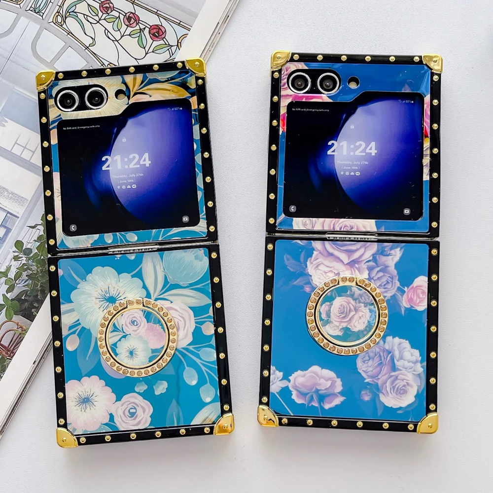 

Fashion Bracket Case For Samsung Galaxy Z Flip 5 Flip 6 Case Luxury Laser Floral Flower Cover For Samsung Galaxy Z Flip 3 Flip 4