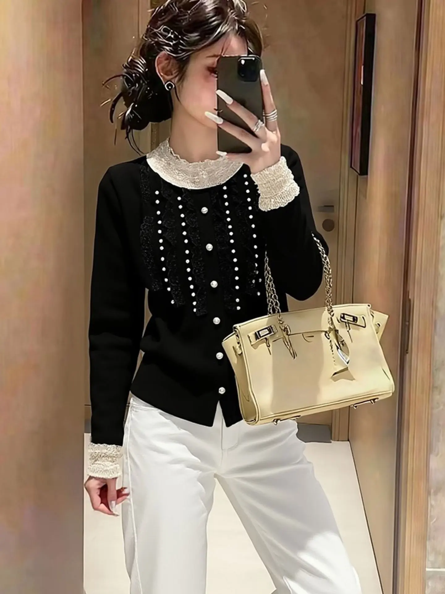 

Женский кардиган Ele Long Sve с кружевными вставками, весна 2026, комфортный, средней мягкости, в корейском стиле, для повседневной носки