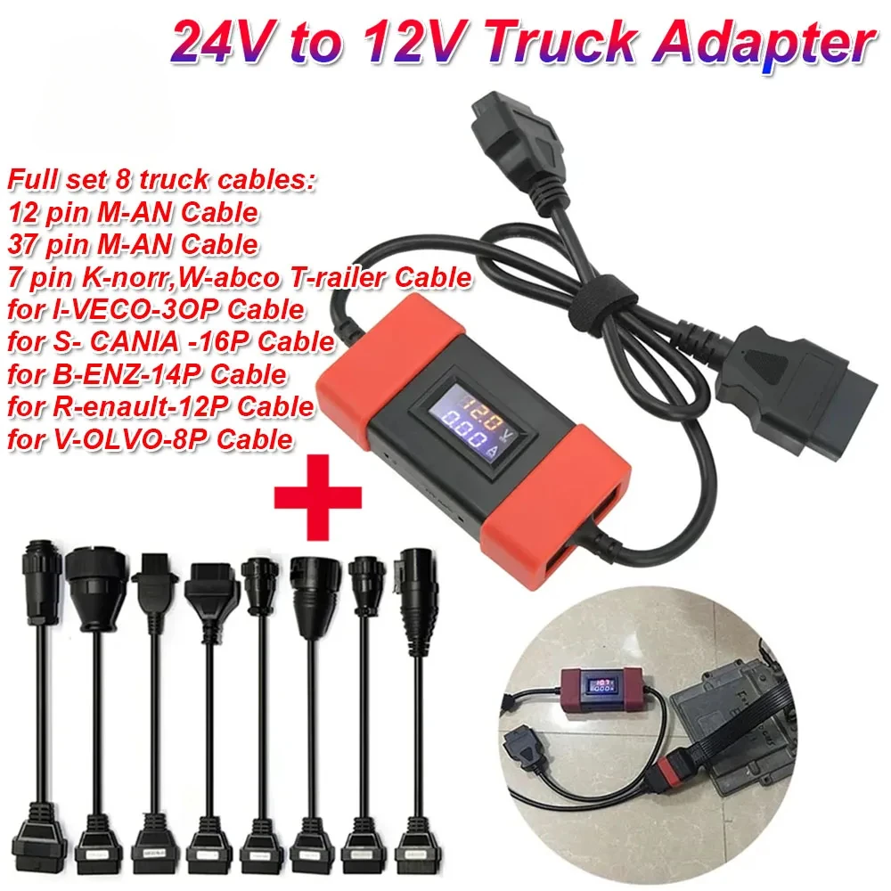 24V to 12V Truck Connector 24 Volt to 12 Volt Heavy Duty Truck Diesel Adapter Cable with 8 Truck Cable For Easydiag OBD2 Scanner