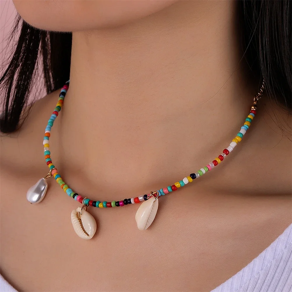 Boho Fashion Rustic Colorful Rice Bead Chain Beach Shell Pendant Necklace For Women Female Vintage Multilevel Choker Jewelry