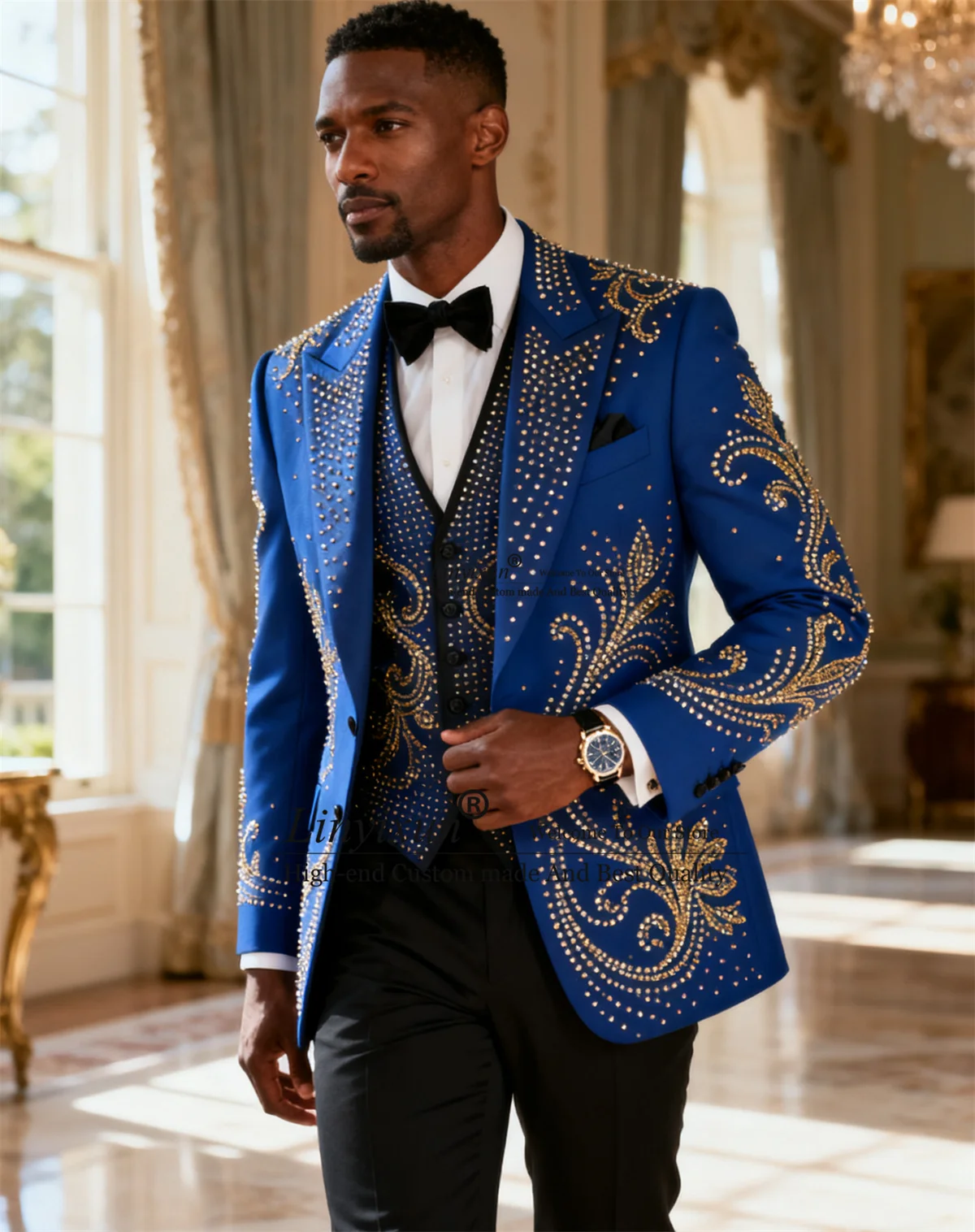 

Glitter Jewelry Ornament Men Suits 3 Pieces Sets Wedding Party Tuxedos Slim Customized Groom Peaked Lapel Blazer Ropa Hombre