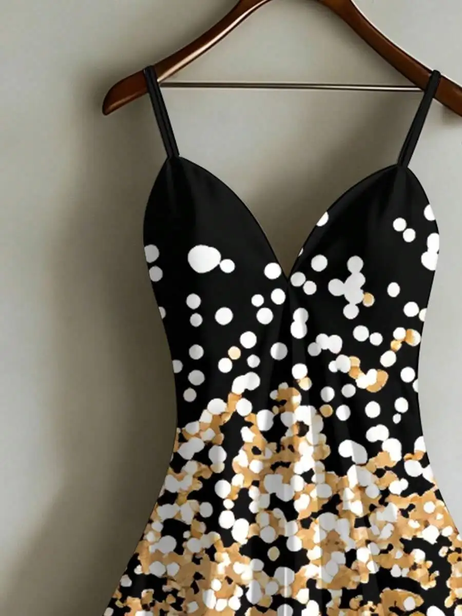

Elegant Summer Slip Dress With Polka Dot And Gold Foil Print For Women Party Wear