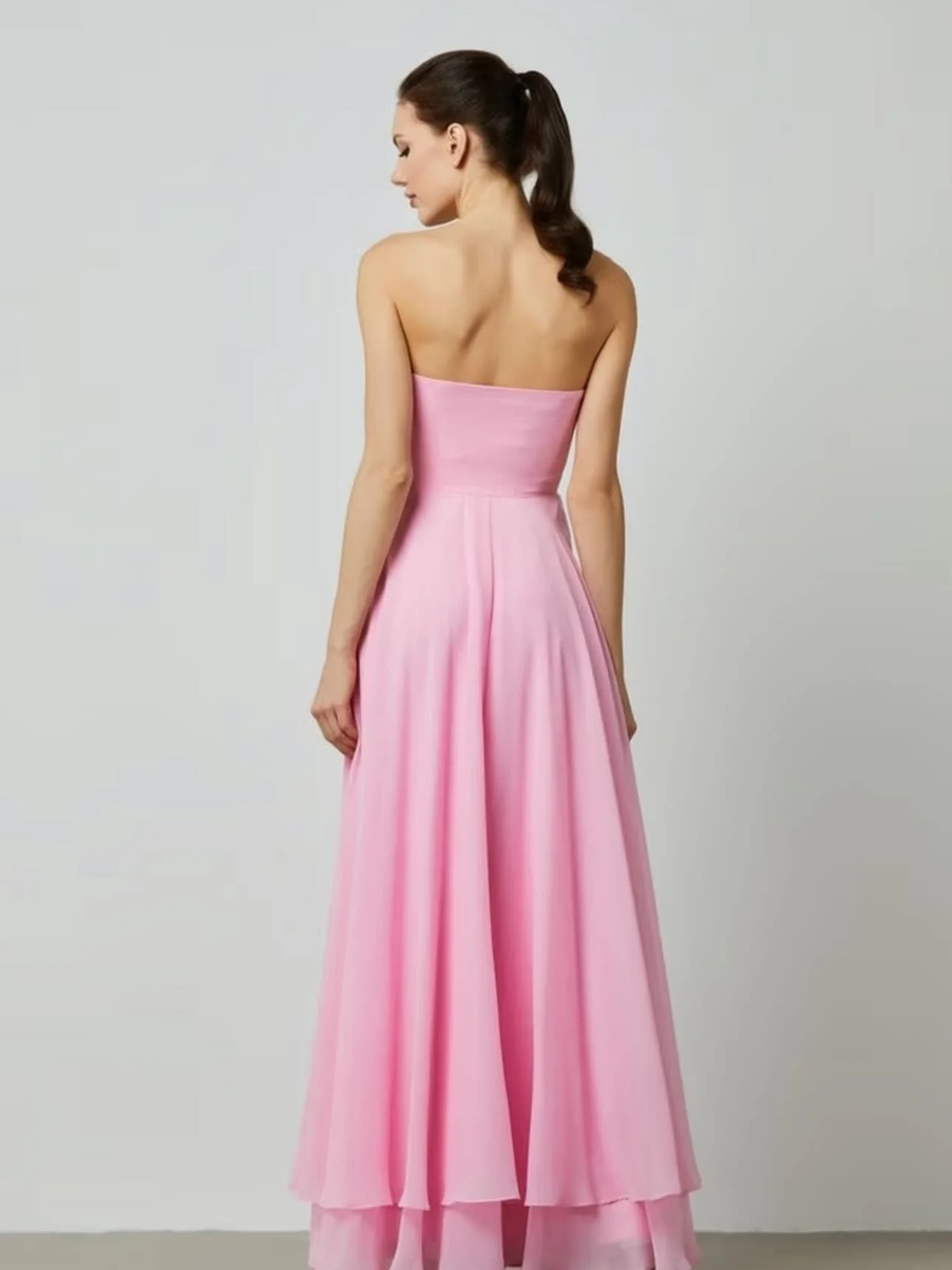 Customized Pink A Line Evening Dress Strapless 3D Floral Applique Chiffon Flowy Formal Wedding Guest Long Wedding Party Gown