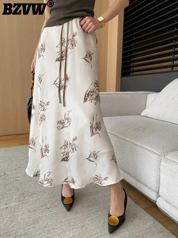 

BZVW French Style Print Skirt For Women Drawstring Elastic High Waist Ankle-length Skirts 2024 Female Summer New Clothing 25A585
