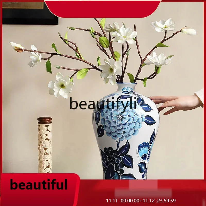 

F132 Blue and white porcelain vase ornament New Chinese-style big belly living room floor flower arrangement porch light luxur