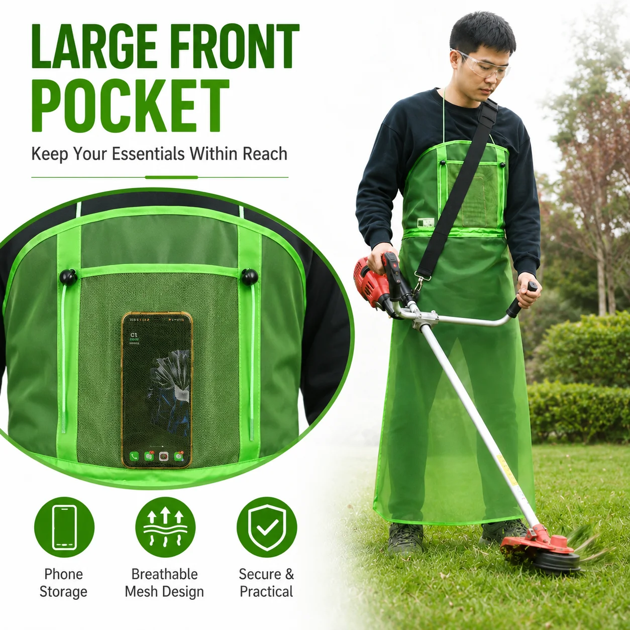 1pcs Lawn Mower Apron, Breathable Mesh Full Coverage Workwear with Pockets, Safety Apron for Gardening Trimming Landscaping