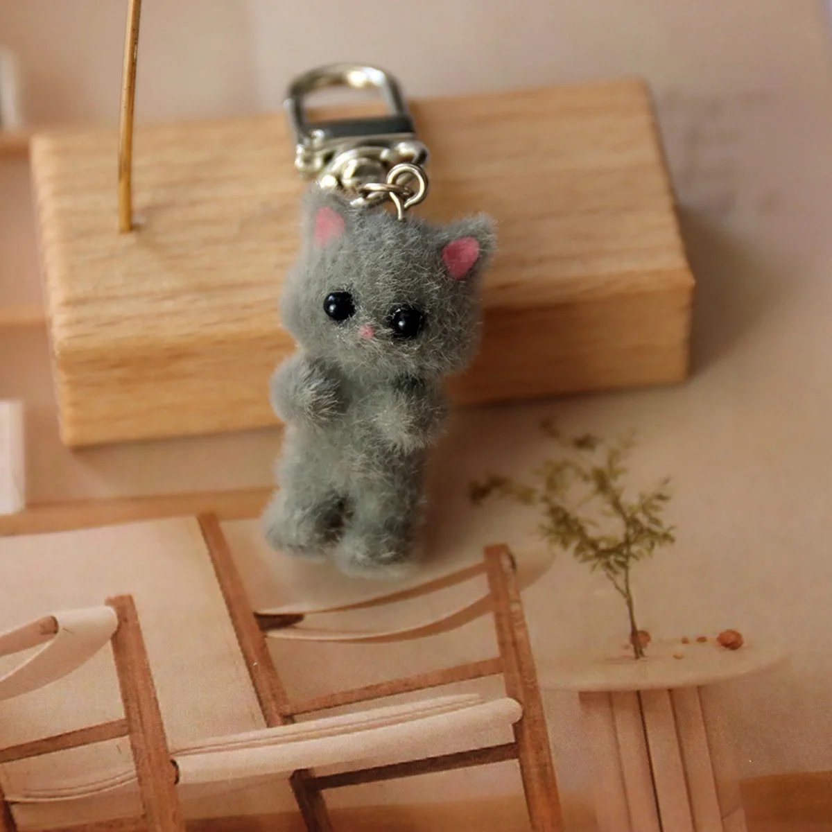 Cute 3D Flocking Kitten Keychain Cat Couple Mobile Phone Pendant Car Keyring Earphone Backpack Charms Bag Decor image 6