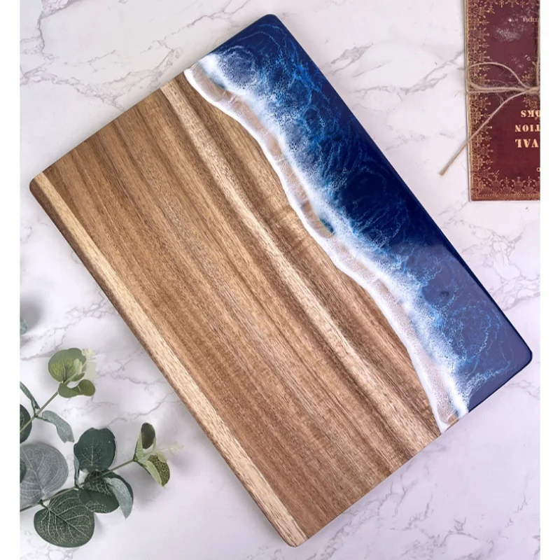 Imagen 4: Tabla de cortar de madera de Acacia con resina epoxi, decoración de olas del océano elaborada, preparación de comida de cocina y tabla de queso de charcutería, tabla de Challah