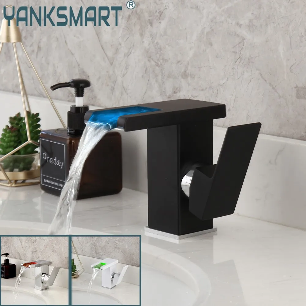 YANKSMART Bathroom Faucet  LED Basin Sink Deck Mounted Faucets Single Handle Power Basin Taps Hole Waterfall Mixer Water Tap