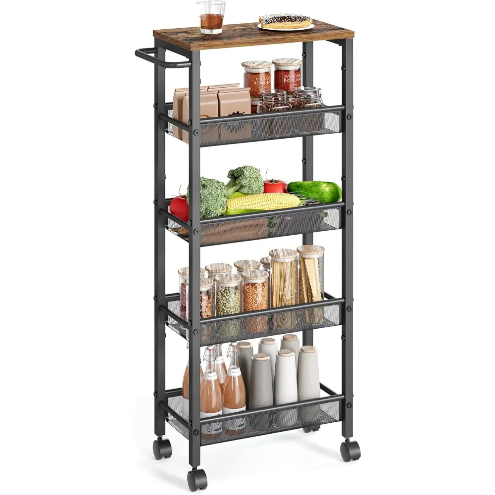 

Slim Rolling Cart, 5-Tier Storage Cart, Narrow Cart with Handle, 8.7 Inches Deep, Metal Frame, for Kitchen, Dining Room