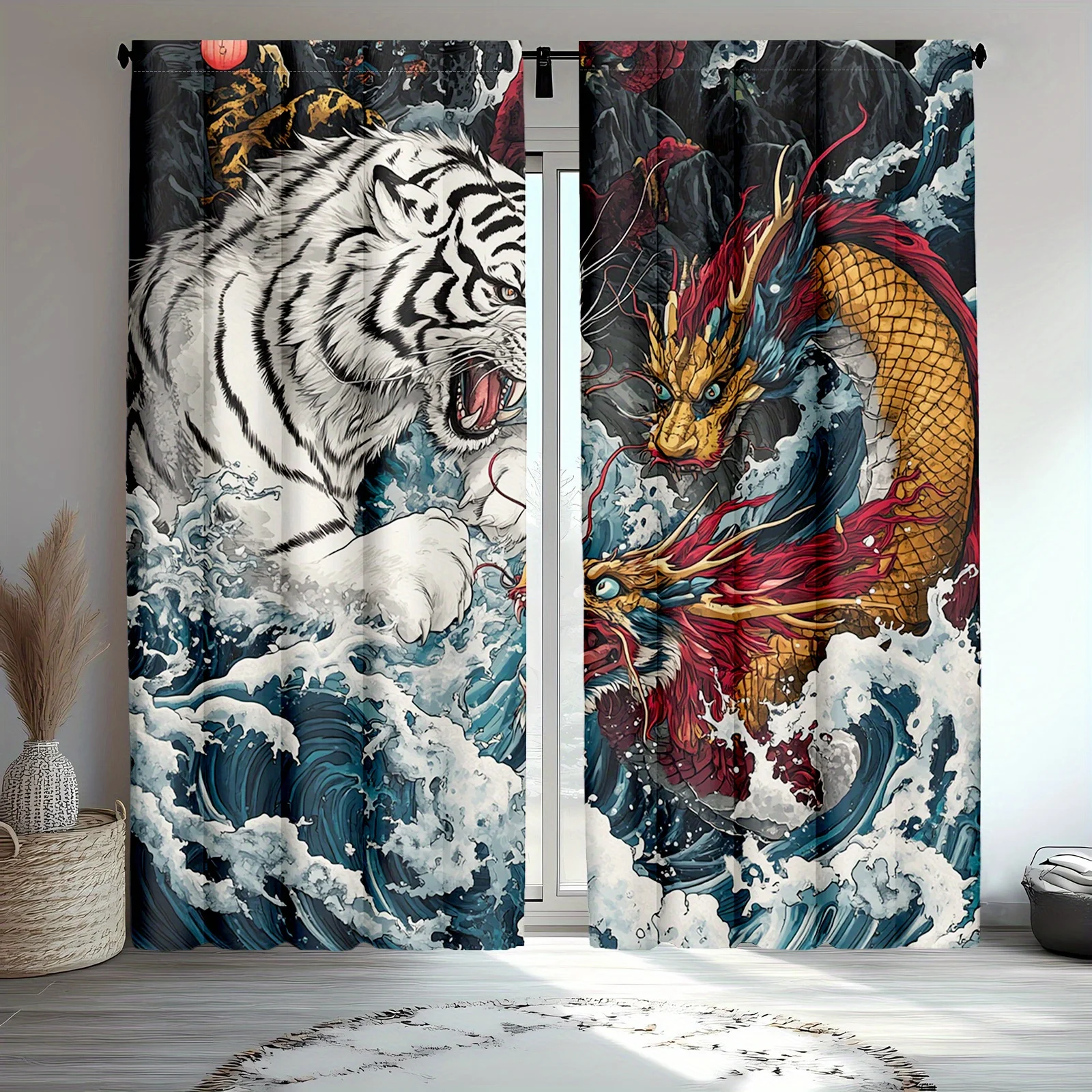 2pcs Dragon and Tiger Curtains, Chinese Waterfall & Celestial Landscape Blackout Drapes