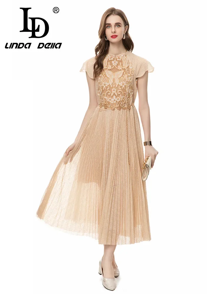 LD LINDA DELLA 2024 Summer Fashion Elegant Pretty Dress Women Embroidery Hollow Out Net Yarn Butterfly Sleeve Long Dresses