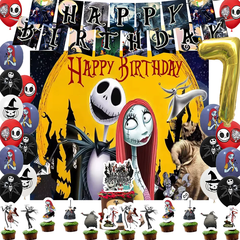 

Disney The Nightmare Before Christmas Birthday Party Supplies Movie Ghost Halloween Balloon Backgrounds Cake Topper Banner Props
