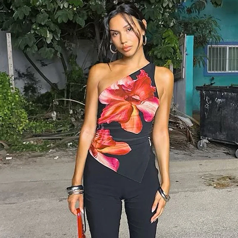 CUTENOVA الأزهار طباعة تانك القمم أكمام مائل الكتف الرباط مطوي الجانب سبليت غير النظامية تانك القمم عادية الشارع الصيف