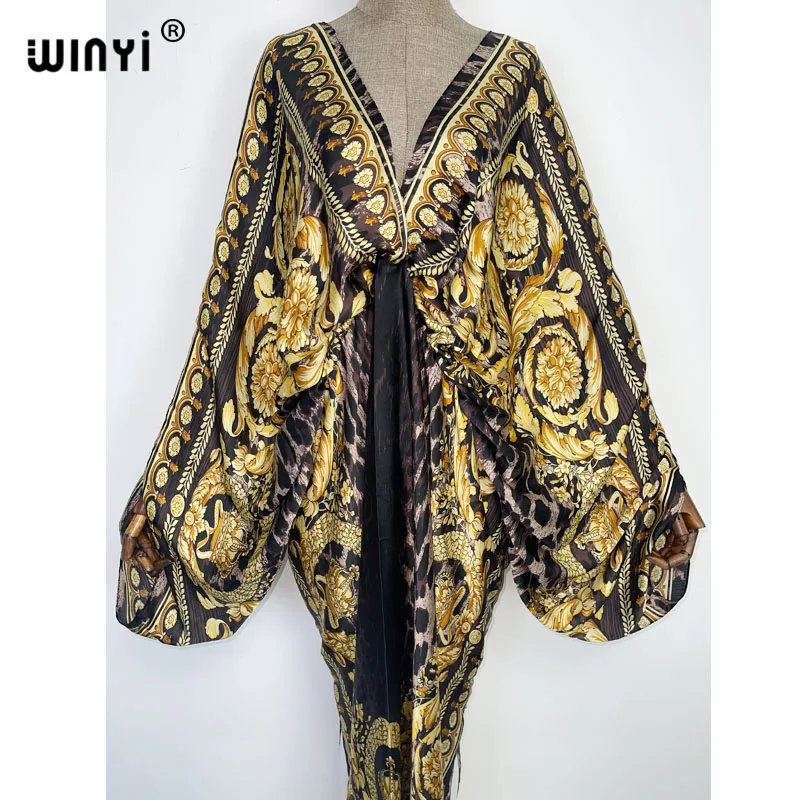 Sexy Beach High-Quality Hand-Rolled Feel Silk Rayon Fashion Print 2021 WINYI Maxi Women's Robes Long Beach V-Neck Bohemian Dress