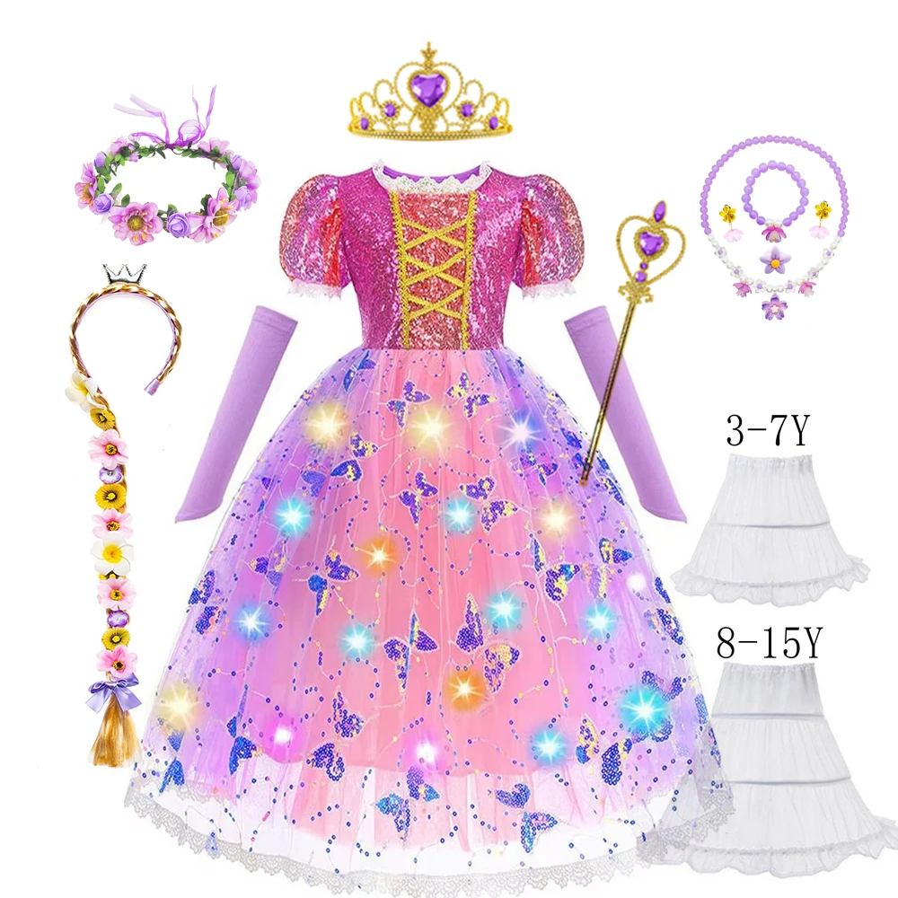 Abito da ragazza Rapunzel con illuminazione a LED per ragazze, bambini, cosplay, vestiti da festa, carnevale, abiti da sera, Natale, Halloween, abito da ballo