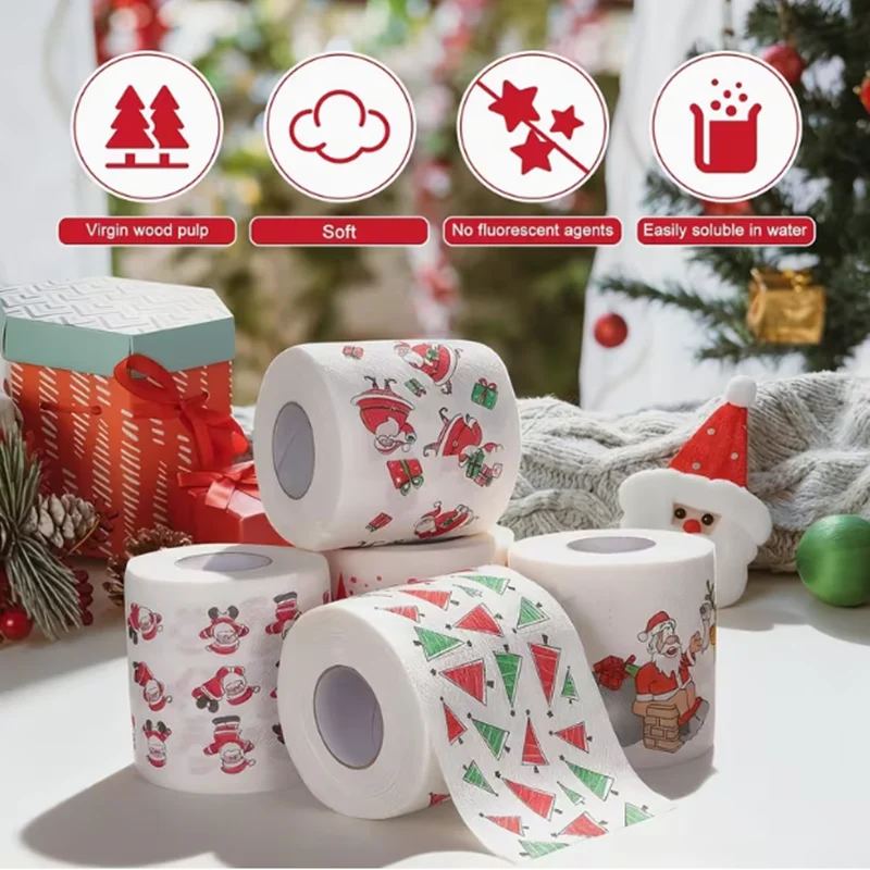 Christmas toilet paper - Santa Claus and festive designs, suitable for Christmas dinner and holiday parties (random patterns)