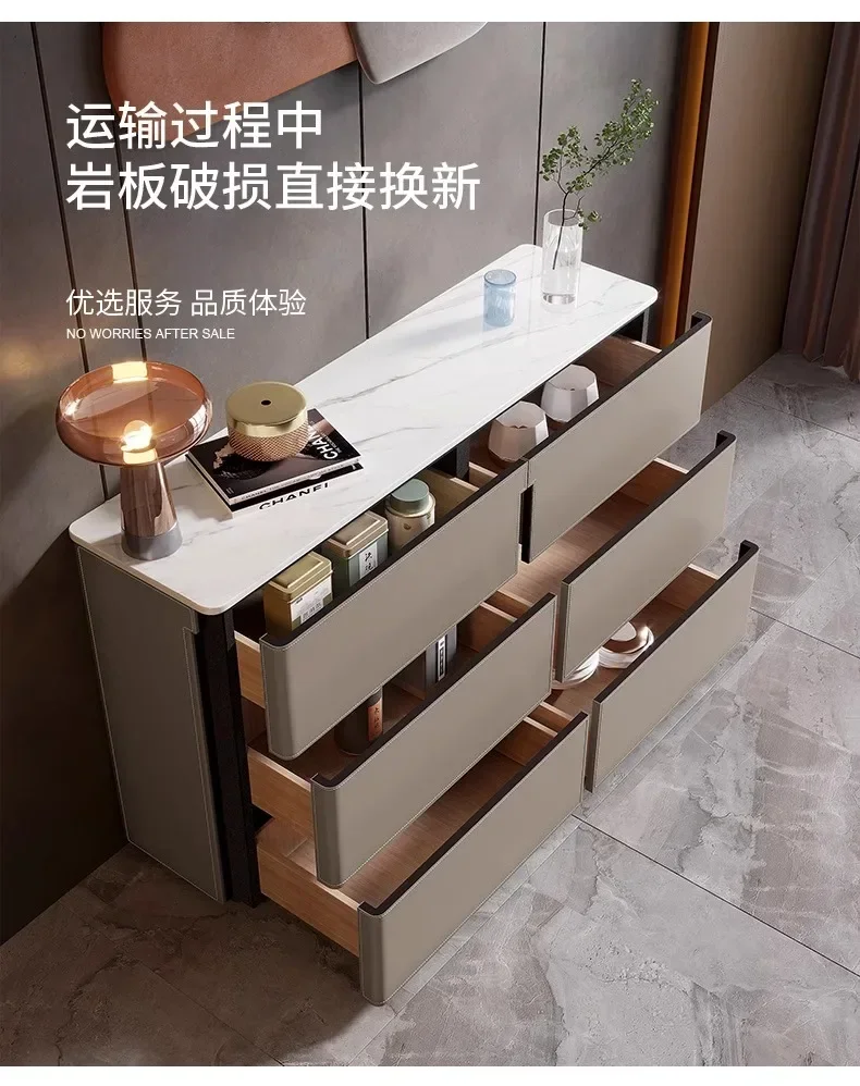 Cassettiera da tè moderna da parete in stile crema di lusso leggero, per soggiorno, per uso domestico, in pelle, con piastra in pietra, cassettiera laterale da pranzo