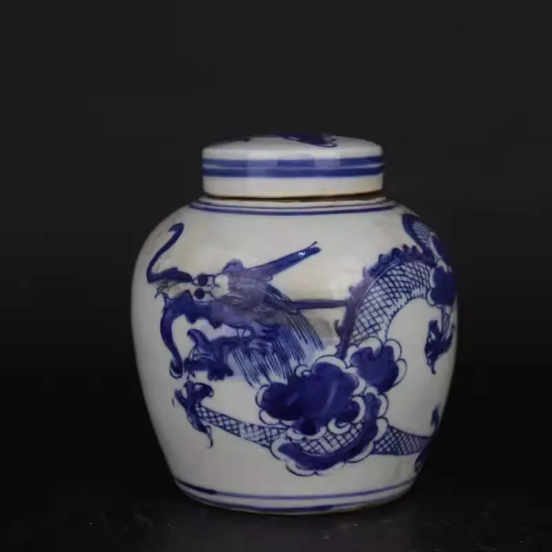 Chinese Blue and White Porcelain Pot Tea Caddy Qing Kangxi Dragon Pattern 4.53