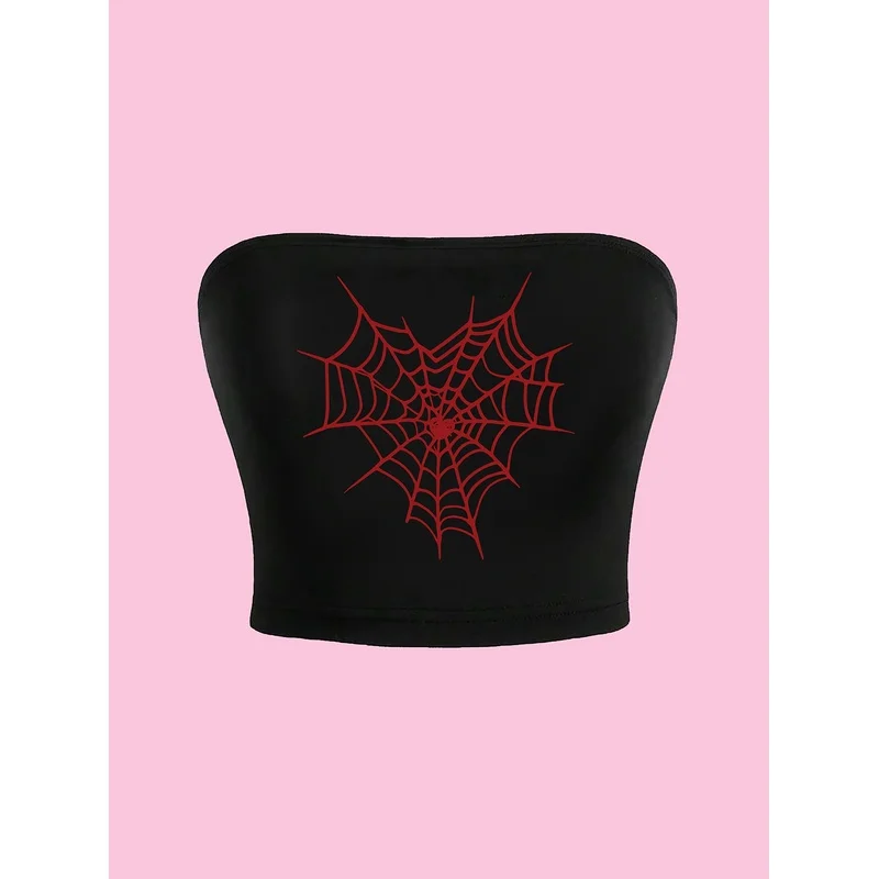 Spider Web Heart Print Bandeau Top Suitable for Summer Wear Y2kHot Girl