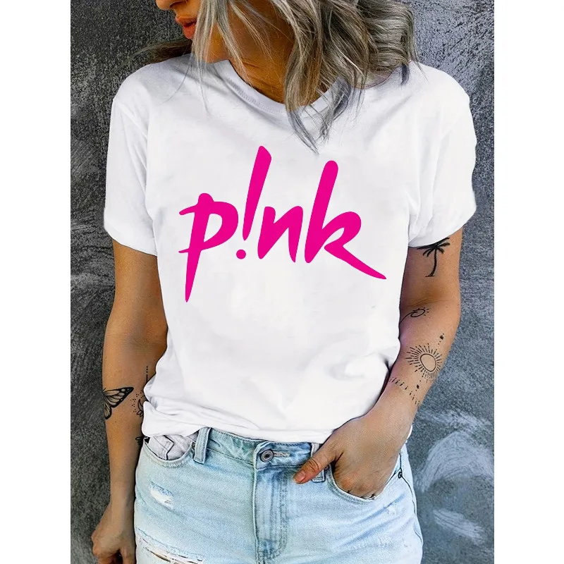 

Women's Pink Creative Letter Fashion Harajuku Printed T-shirt Short Sleeve Round Neck Casual Fashion Woman Plus Size Clothing