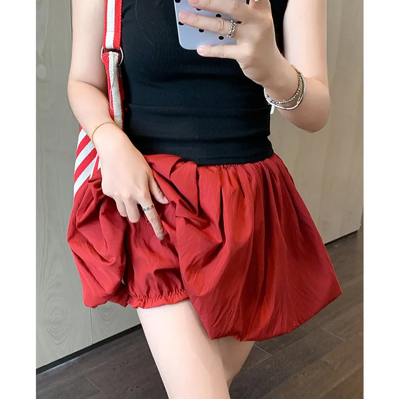 

2025 Summer Cute Bubble Bud Mini Skirts Women Solid Color Elastic High Waist Shorts Skirt Woman Chic Puff Short Skirts Female