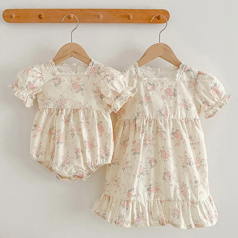 

2024 New Summer Sisters Dress Kids Party Dress Short Sleeved Cotton Floral Printing Toddler Baby Bodysuits Girls Princess Dress