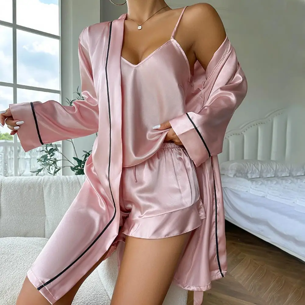 

2026 3 Pieces Satin Pajama Set Simple Satin Pajama Set Long Sleeve Belted Robe V Neck Cami Top And Shorts Women's Sleepwear