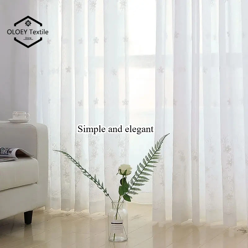 

White Embroidered FLoral Tulle Window Curtains Sheer for Bedroom Living Room Bedroom Dining Room Elegant Light Filtering Gauze