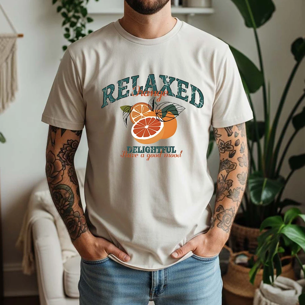 Nueva Camiseta de Verano para Hombre, 100% Algodón, Estampado Informal con Delicioso Diseño Naranja, Transpirable, de Manga Corta, para Uso Diario