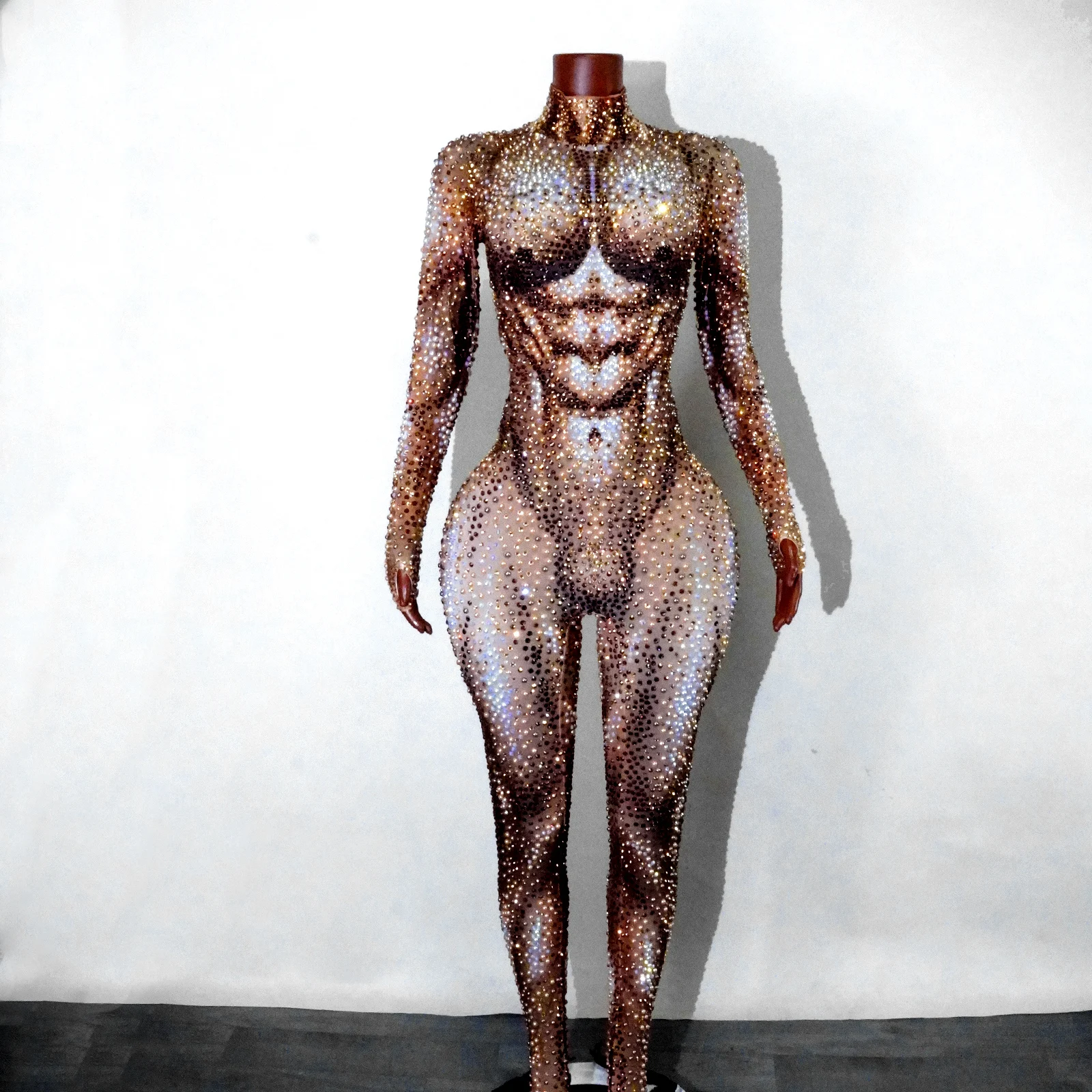 

Mens Sexy Water Diamond Jumpsuit Shiny Pearl Nude Muscle Stage Stretch Suit Party Dance Suit Drag Queen Costume Nightclubdj Wear