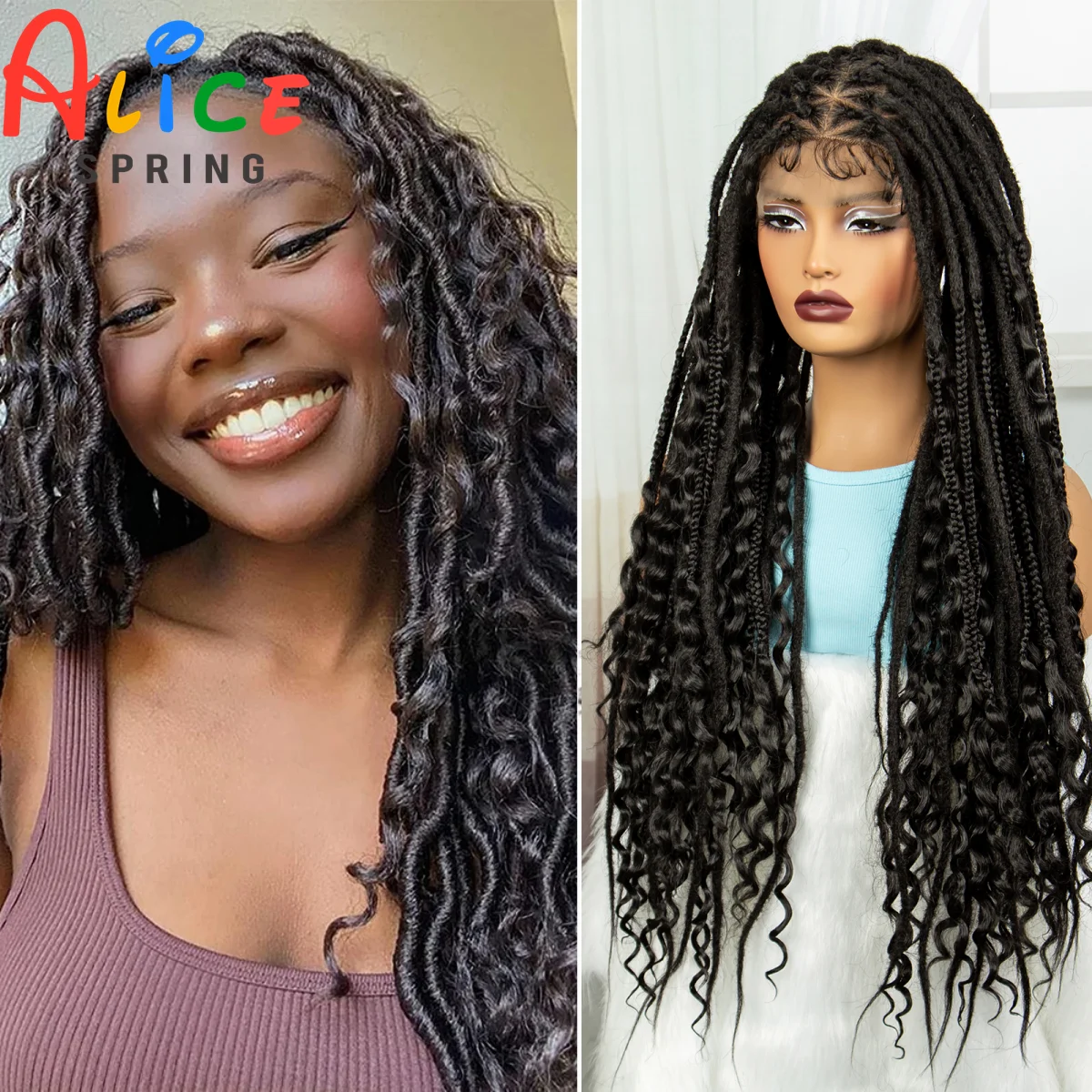 

Full Lace Synthetic Braided Wigs Faux Locs Synthetic Lace Front Braids Wig for Black Women Knotless Crochet Hair With Curly Ends