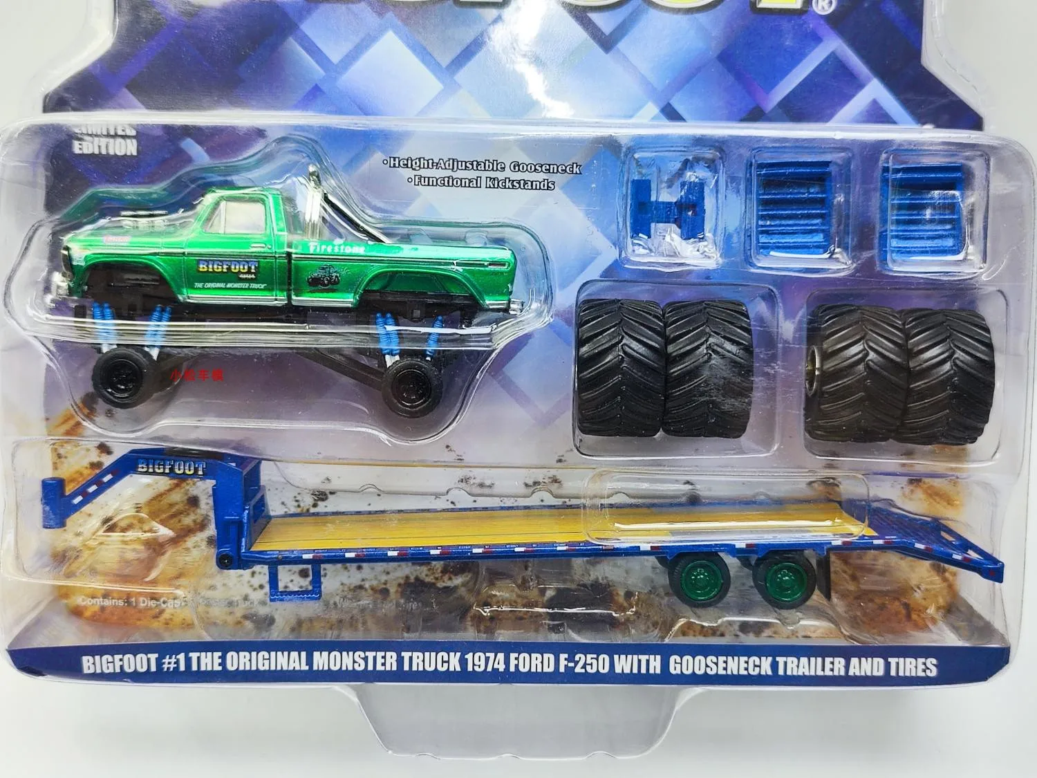 1: 64 1974 Ford F-250 Monster Gooseneck Trailer 66 inch Tire Replacement Green Machine Collection of car models