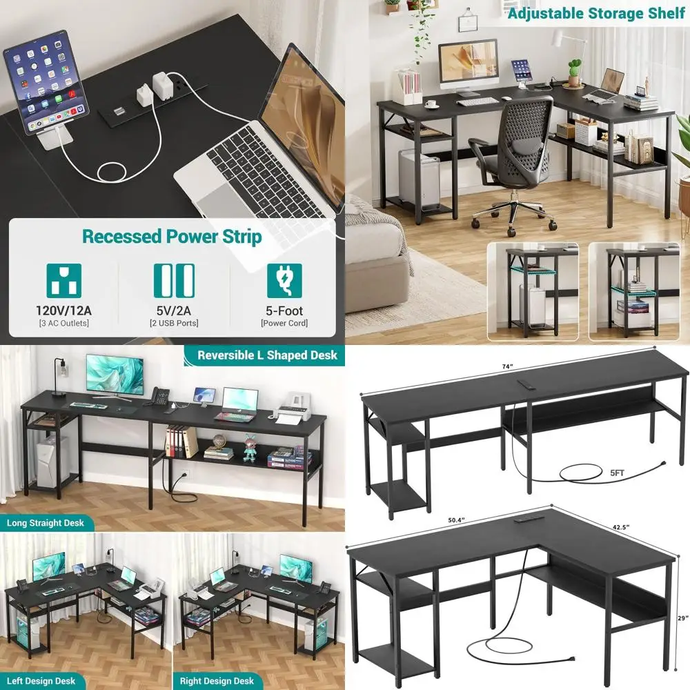 

Stylish Corner Desk with Power & USB Ports, Durable L-Shaped Workstation for Home Office, Easy Assembly, Black