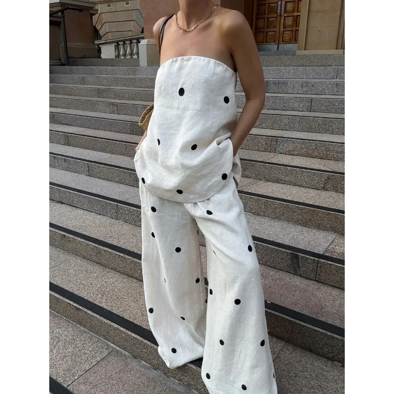 

2025 Dot Print Wrapped Strapless Tops 2 Pieces Set Women Fashion Back Zipper Top + Wide Leg Pants Suit New Holiday Chic Outfits