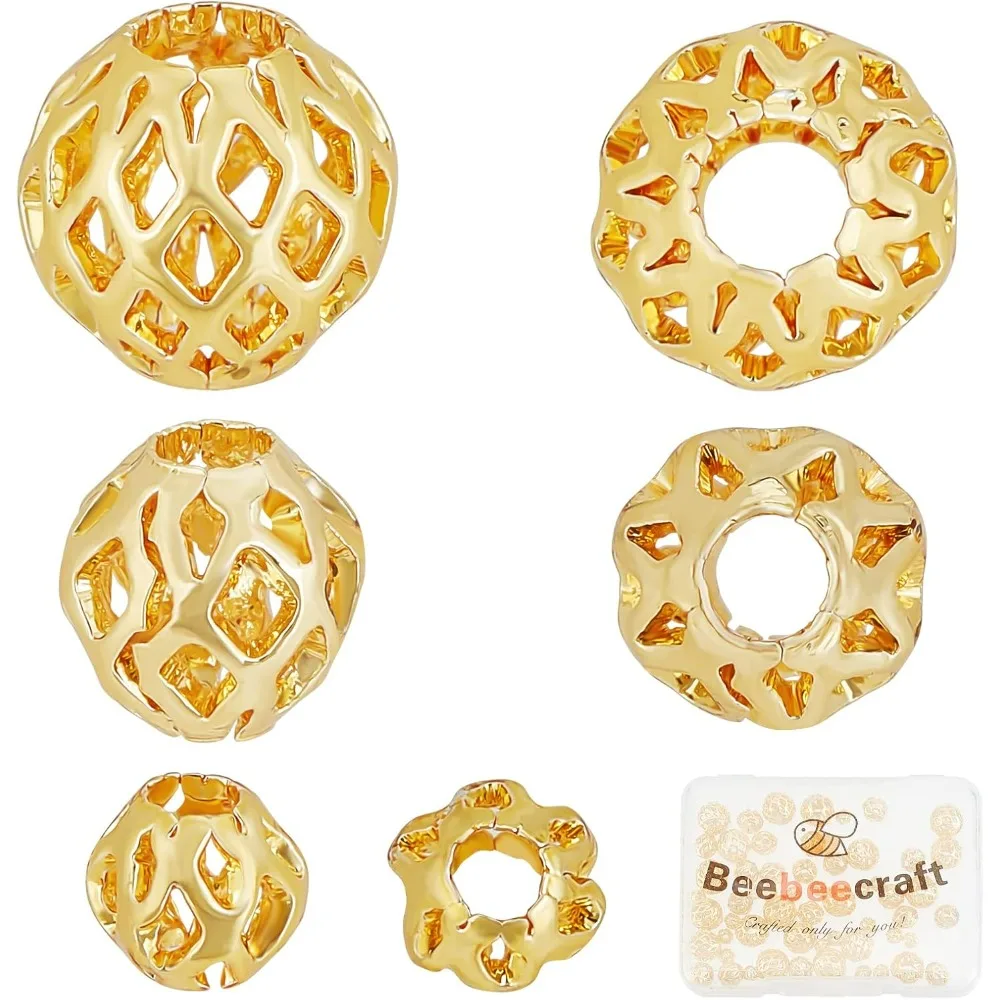 60Pcs/Box 3 Sizes 18K Gold Plated Spacer Beads Filigree Hollow Ball Beads 4/6/8mm Metal Loose Beads for DIY Crafts Bracelets