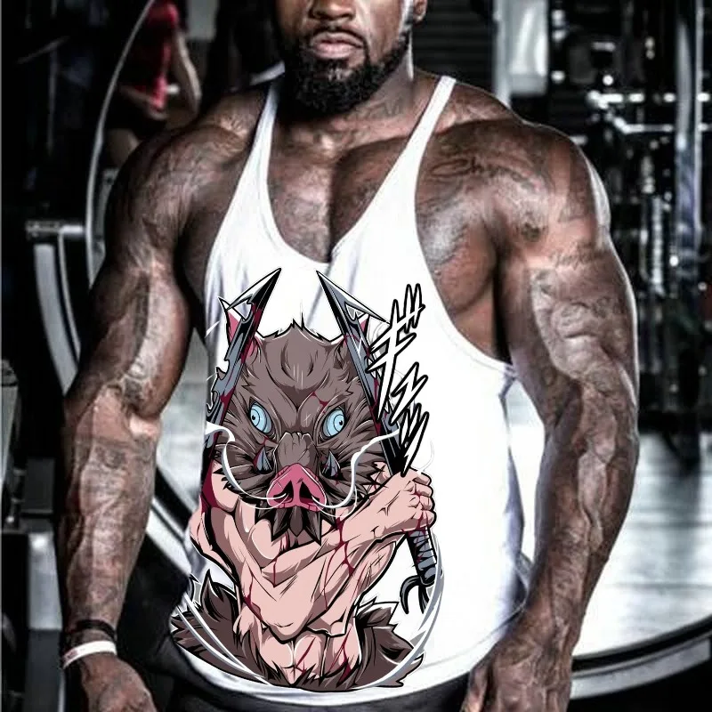 Camiseta sin mangas para gimnasio para hombre, marca de verano Demon Slayer Hashibira Inosuke, ropa deportiva, camisa para hombre, chalecos, camisetas de algodón, camiseta muscular
