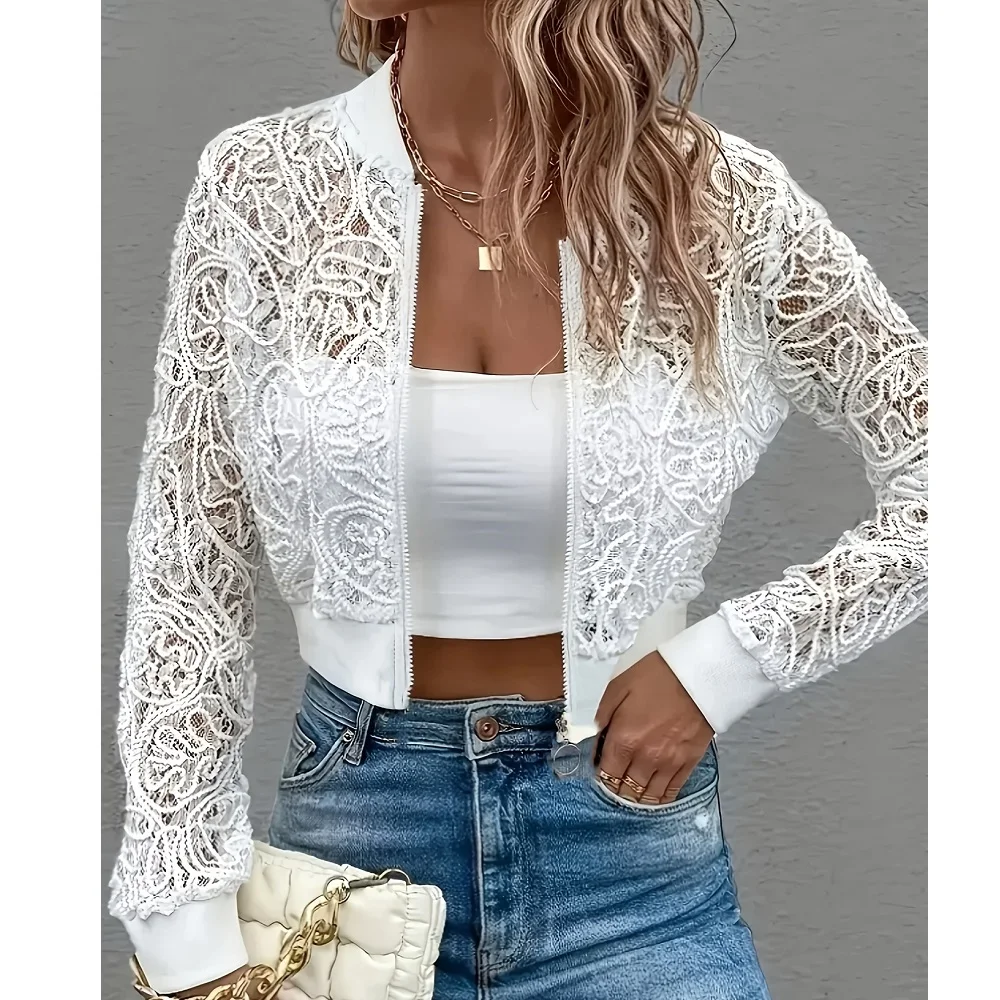 Women Autumn Thin Lace Zipper up Coats Ladies Long Sleeve Hollow Out Outerwear Short Jackets
