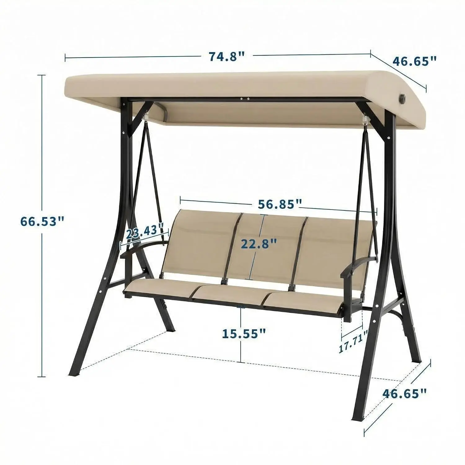 3-Seat Patio Swing Chair Adjustable Canopy Outdoor Porch Swing Armrests Textilene Fabric Garden Backyard Poolside, Customized