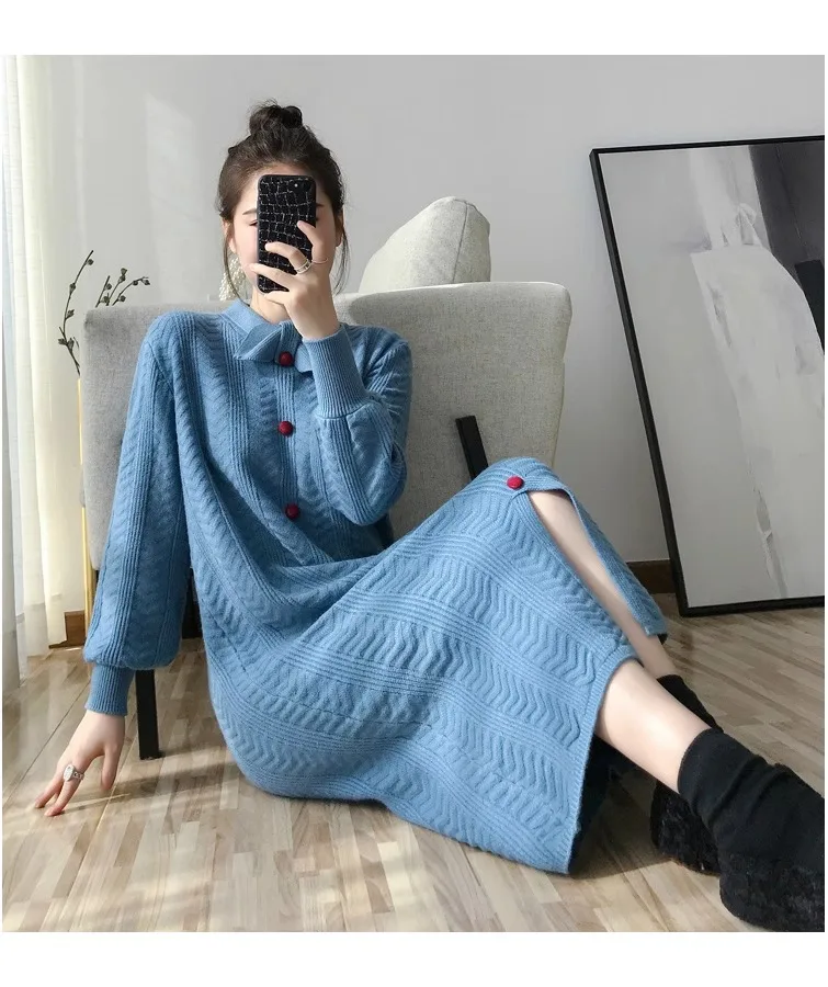 Outono inverno nova malha único breasted vestido de lã sobre o joelho feminino solto vestido de comprimento médio com casaco inferior
