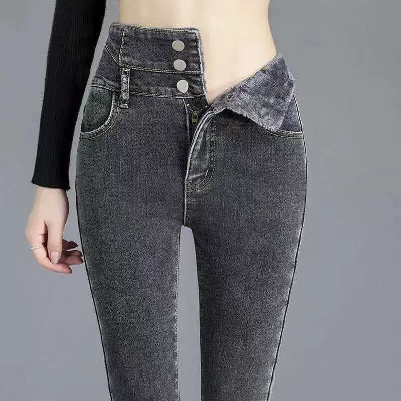 New Winter Thick Velvet Women High Waist Skinny Jeans Simple Fleece Warm Slim Fit Stretch Ladies Casual Denim Mom Pencil Pants