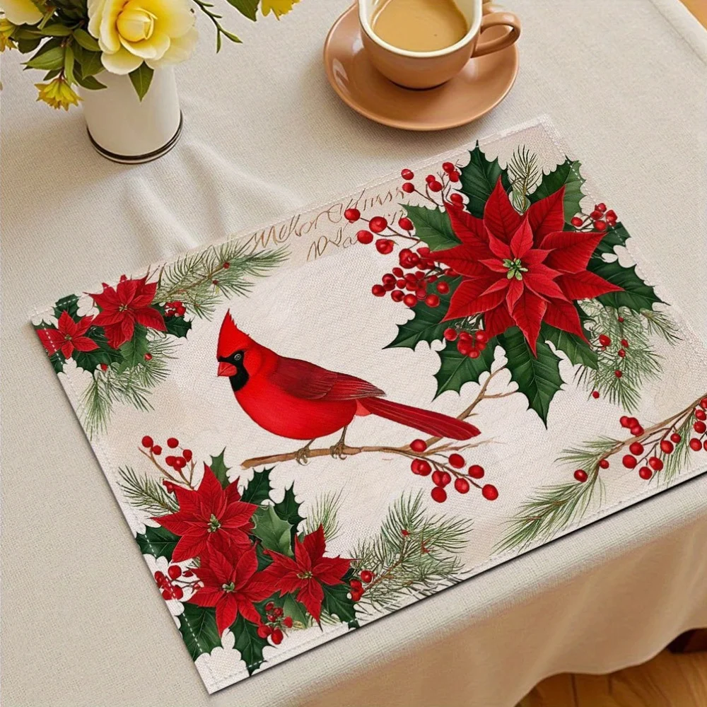 Beautiful Red Cardinal Bird And Poinsettia Flower Linen Placemat Christmas Dining Table Decoration Holiday Home Accent