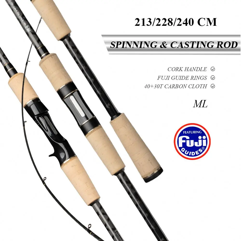 

40T+30T Carbon FUJI Rings 5kg Drag Fishing Spinning Rod With Cork Handle 2.28m 2.4m Fishing Pole Bait Casting Rod