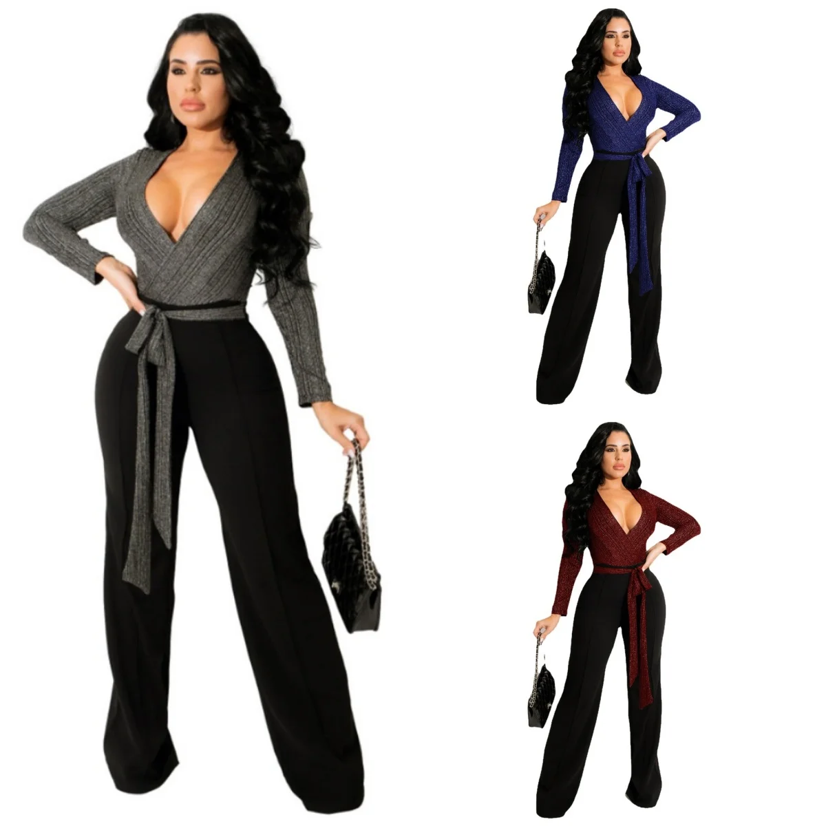 Women's Solid Color Temperament Deep V Sexy Stitching Long-sleeved Lake-up Jumpsuit Wide-leg Jump Pants Suits for Women Basic