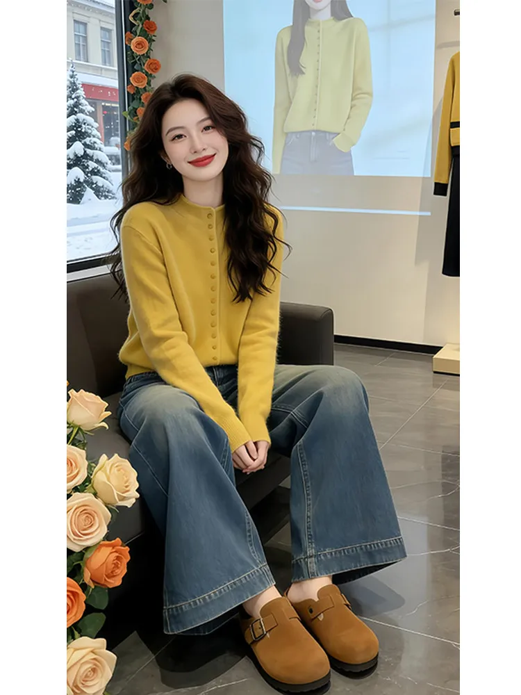 

Мягкий желтый вязаный кардиган свободного кроя с длинными рукавами для женщин, весна-осень, новинка, на одной пуговице, повседневный, удобный свитер