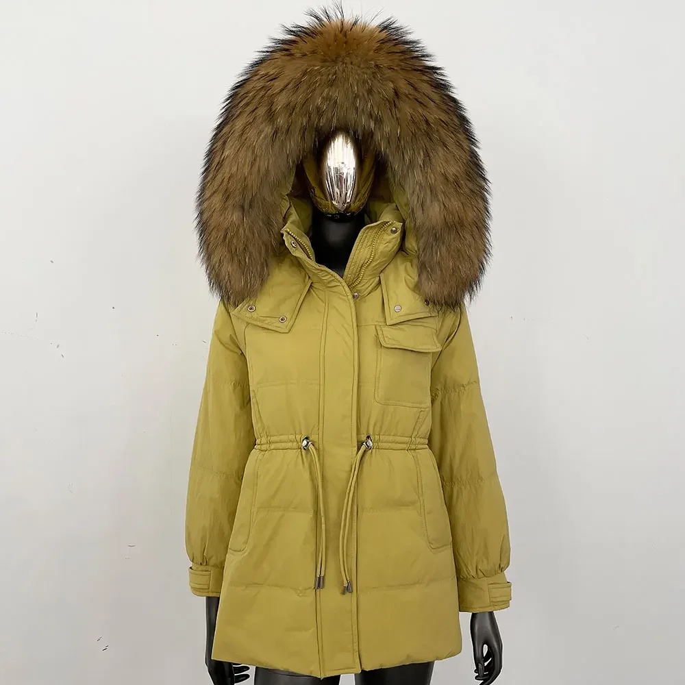 OFTBUY Duży Naturalny Płaszcz z Futra Szopa Pracza Damski Modny Zimowy Płaszcz z Kapturem z Prawdziwego Futra Gruby Ciepły Krótki Płaszcz z 90% Białego Puchu Kaczy Parka