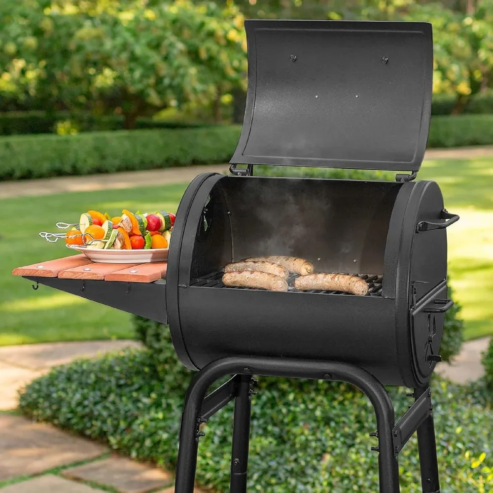

Charcoal Grill and Smoker with Cast Iron Grates, Premium Wood Shelf and Damper Control, 250 Cooking Square Inches in Black