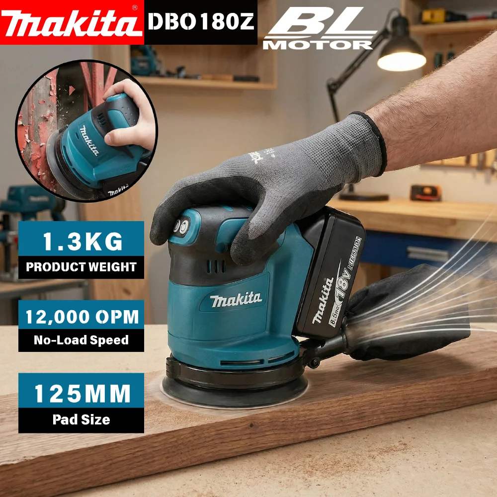 Lixadeira Orbital Sem Fio Makita DBO180Z 18V com Motor Sem Escovas 125mm e Saco Coletor de Pó para Preparação de Superfícies com Verniz e Acabamento Transparente