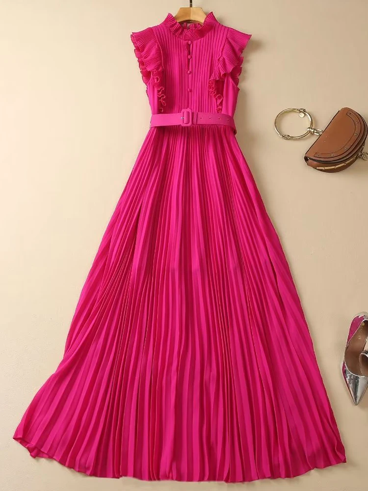 Women'S New Summer High Quality Fashion Rose Red Pleated Belt Unique Party Celebrity Chic Temperament Casual Elegant Long Dress